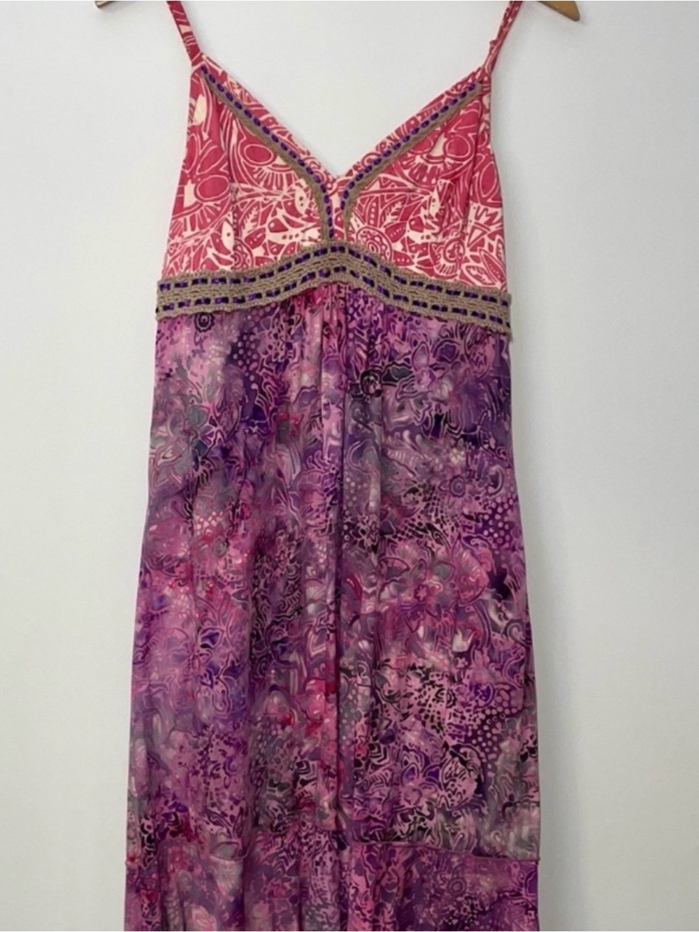 Santiki Sun Dress M Pink & Orange Batik Bohemian Floral Crochet Trim Smock Back